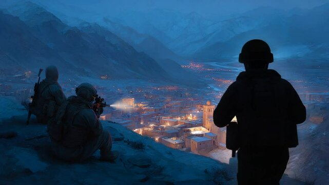 Special Forces Advance Towards Target Compound Under Dusky Skies Generative AI