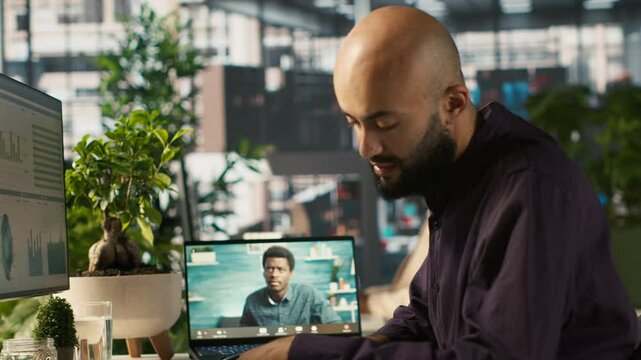 Business manager on videocall with worker attending briefing meeting to share new ideas to profit growth. Specialist in online telework call using tablet to explain startup evolution vision, camera A