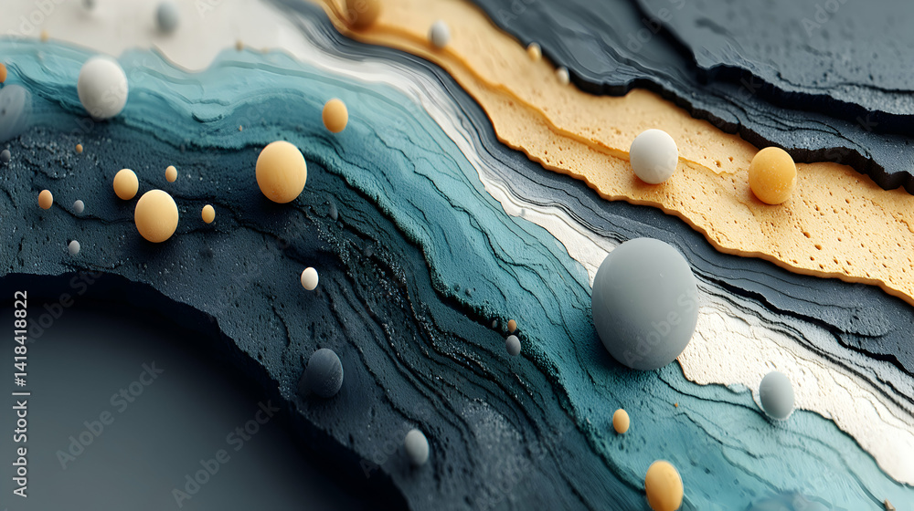 Poster abstract 3d rendered image of textured layers with spheres; calming earthy tones, evokes feelings of