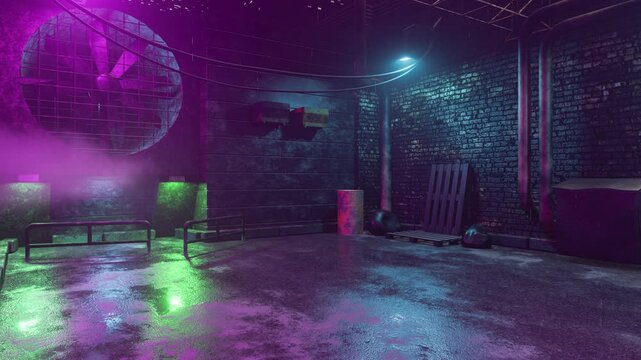 Old abandoned cyberpunk street with a large ventilation fan, smoke, rusty pipes, electric wires, air conditioners, brick walls for banners, posters.  4k loopable footage. 3d seamless endless render.