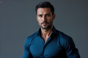 Obraz premium Elegant Business Attire Dark Azure Shirt Gray Background