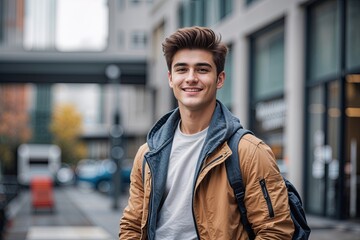 Naklejka premium Stylish Young Man Embracing Positivity and Modern Casual Fashion