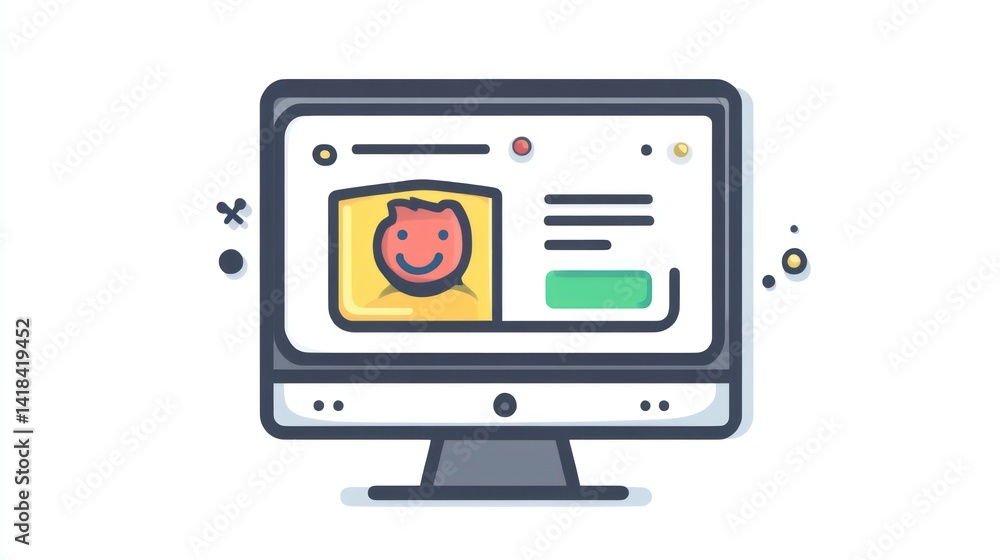 Poster a computer screen displaying a friendly user interface with a smiling avatar and text elements