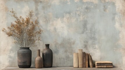 Naklejka premium Rustic display with dried flowers and antique books on a textured wall