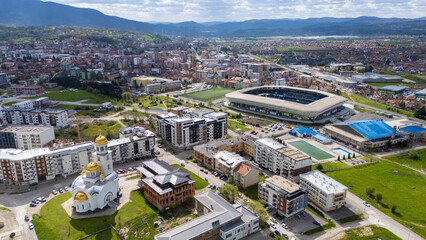 Loznica, aerial drone view of town in Serbia