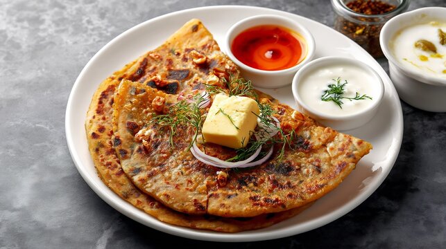 Indian aloo paratha breakfast served butter pickle and curd on white ceramic plate Punjabi style flatbread meal with textures and vivid colors white stone background top view