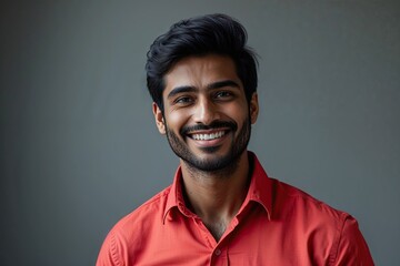 Obraz premium Delightful Young Indian Man in Eye-Catching Red Shirt Smiling Cheerfully in Muted Grey Setting