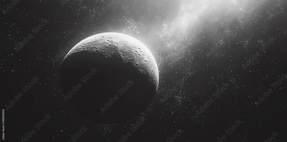 Poster a grayscale image shows a cratered planet orbiting a bright star in a dark space setting. perfect fo