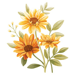 Illustration of three daisies in yellow and orange shades with light green leaves. Painted in watercolor style, suitable for seasonal designs, especially spring and summer.