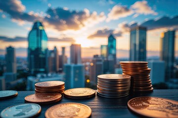 Double Exposure of Cityscape and Coins for Banking and Finance Concept