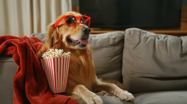A dog lounges on the couch, enjoying popcorn and a fun TV show. Pet relaxation at its best