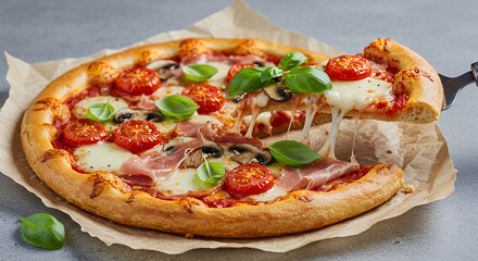 Delicious Prosciutto Mushroom Tomato Pizza Slice Gourmet Italian Food Photography