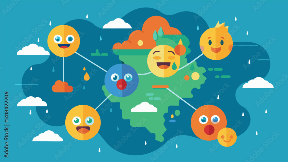 Poster a weather map with different emotions marked in different regions portraying the impact of nonverbal