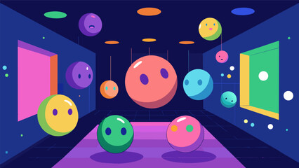 A room filled with glowing orbs that change color based on the emotional responses of visitors prompting them to journal about their own emotions and. Vector illustration