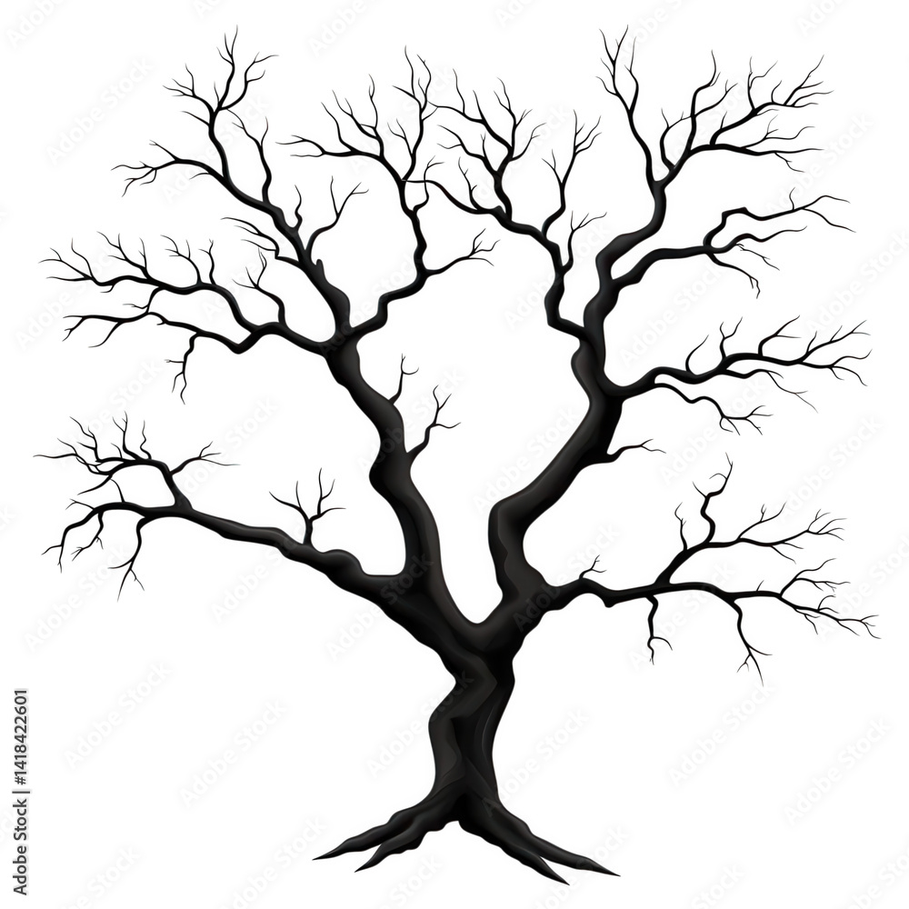 Poster a dark, stylized tree with intricate branches extending outward, emphasizing its skeletal form and n