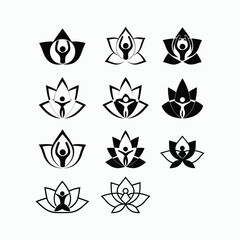 Abstract Lotus Figure – Minimalist Black and White Yoga Pose Silhouette. set of abstract geometric shapes