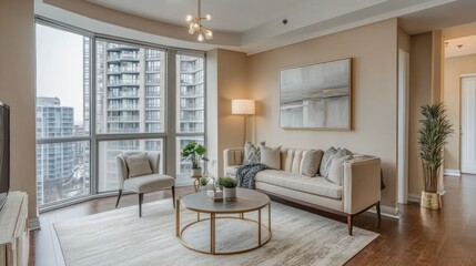 Fototapeta premium Modern City View Living Room: Neutral Elegance and Panoramic Windows