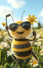 Cheerful cartoon bee wearing sunglasses among flowers displaying vibrant colors and playful character design