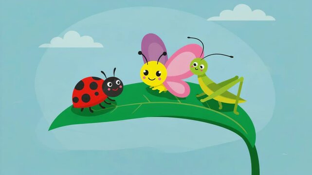 Cartoon illustration of ladybug, butterfly, and grasshopper sitting on green leaf against a light blue sky backdrop.