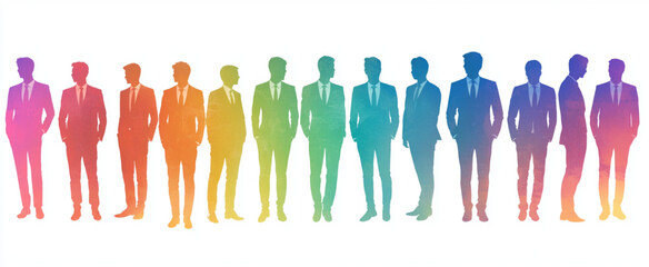 Silhouettes of diverse business people in suits with rainbow gradient color