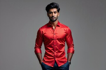 Fototapeta premium Stylish Young Indian Man in Red Shirt Standing on Simple Grey Background
