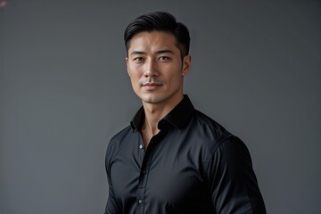 Obraz premium Confident Male Executive in Black Button-Up Shirt Posing for Stylish Corporate Portrait on Gray Background