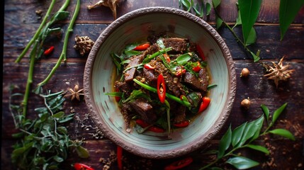 Thailand dinner serving of Thai style spicy wild boar stir fry chili and herbs captured in top down view on clay dish with forest inspired Thai rustic background