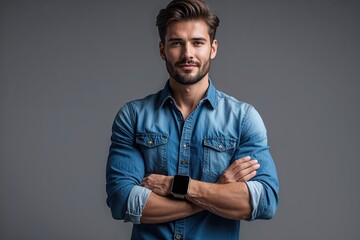 Obraz premium Trendy Young Entrepreneur in Casual Denim Shirt and Smartwatch Posed Against Gray Background