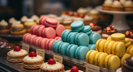 Colorful Macarons and Pastries Display