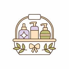Gift Basket with Cosmetic Products – Minimalist Skincare and Self-Care Illustration. set of cosmetic bottles