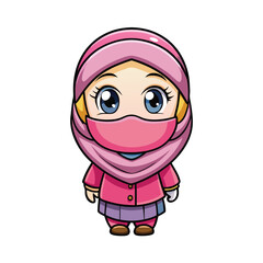 Cute cartoon girl in hijab and mask