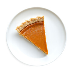 Pumpkin pie slice with smooth filling and flaky crust edge, isolated white background, modern realism food style