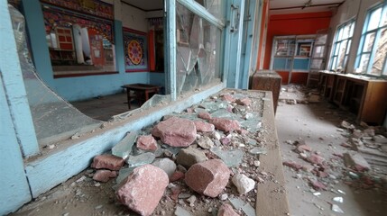 A shattered window in a building, glass fragments scattered on the floor - damaged material windowpane unsafe