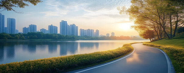 Asphalt highway winding through a peaceful lake garden, with a modern city skyline rising in the background under a clear sky