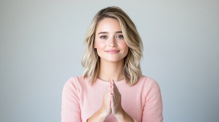 A young woman with hands clasped in prayer, a serene expression.
