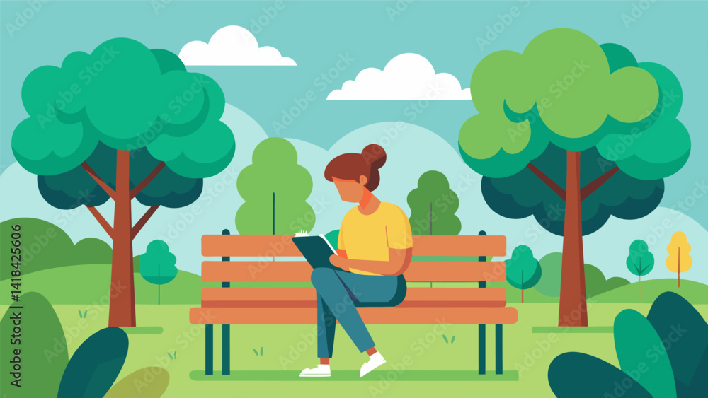 Poster a sunny park bench surrounded by trees where a writer takes a break from their stroll to jot down th