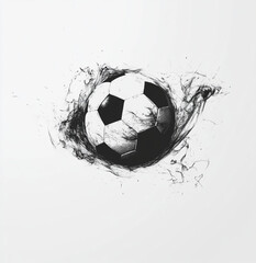 A monochrome soccer ball surrounded by a smoky artistic effect on white art