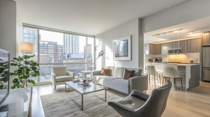 Modern City View Apartment: Serene Living Room with Open Kitchen