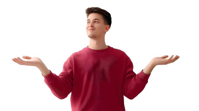 A man wearing red sueter with both arms in position of holding waiter tray
