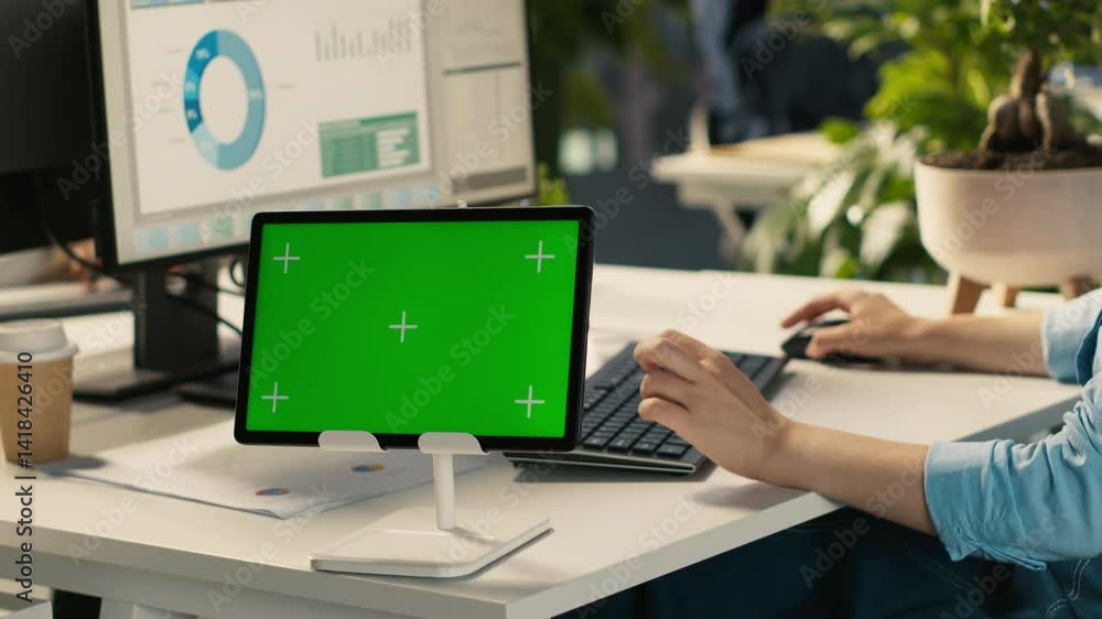 Poster close up of employee sitting at office desk, using green screen tablet to solve tasks during job shi
