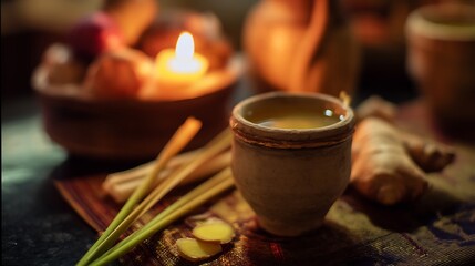 Thailand herbal hot drink of ginger lemongrass infusion served in clay cup captured in cultural retreat environment with candlelight and traditional Thai decor