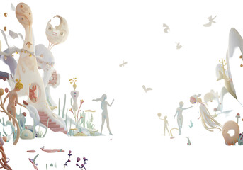 Surreal Landscape Art: Whimsical Figures and Pastel Flora