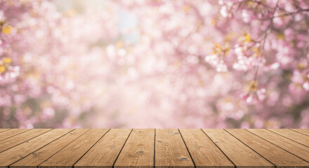 Spring Landscape with Cherry Blossoms and Wooden Deck – Tranquil Outdoor Scene
