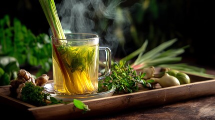 Thailand hot herbal tea pandan and lemongrass in clear glass cup on wooden tray surrounded by fresh herbs and steam rising traditional hot Thai drink with wellness vibe and zen background