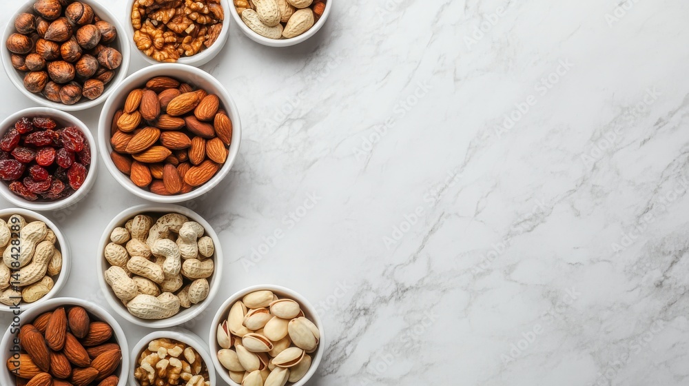 Poster variety of nuts and dried fruits arranged in bowls on a marble countertop with empty space in the ce