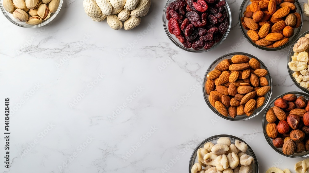 Poster variety of nuts and dried fruits arranged in bowls on a marble countertop with empty space in the ce
