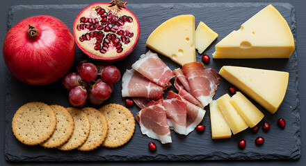Gourmet Cheese Board with Prosciutto Grapes Pomegranate and Crackers Delicious Appetizer