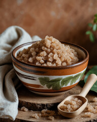 Hand-Painted Brazilian Ceramic Bowl with Raw Brown Sugar on Rustic Surface