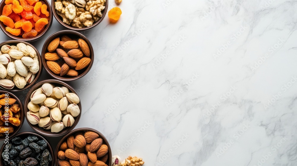 Poster variety of nuts and dried fruits arranged in bowls on a marble countertop with empty space in the ce