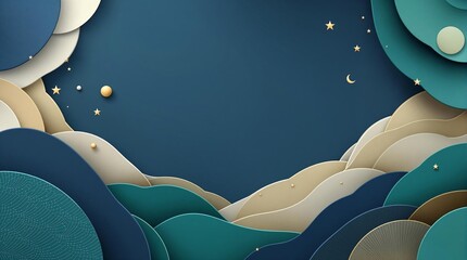 A 3D abstract minimalist background designed for a professional presentation, featuring smooth geometric shapes, soft gradients, and subtle Islamic patterns like crescent moons and arabesque motifs.